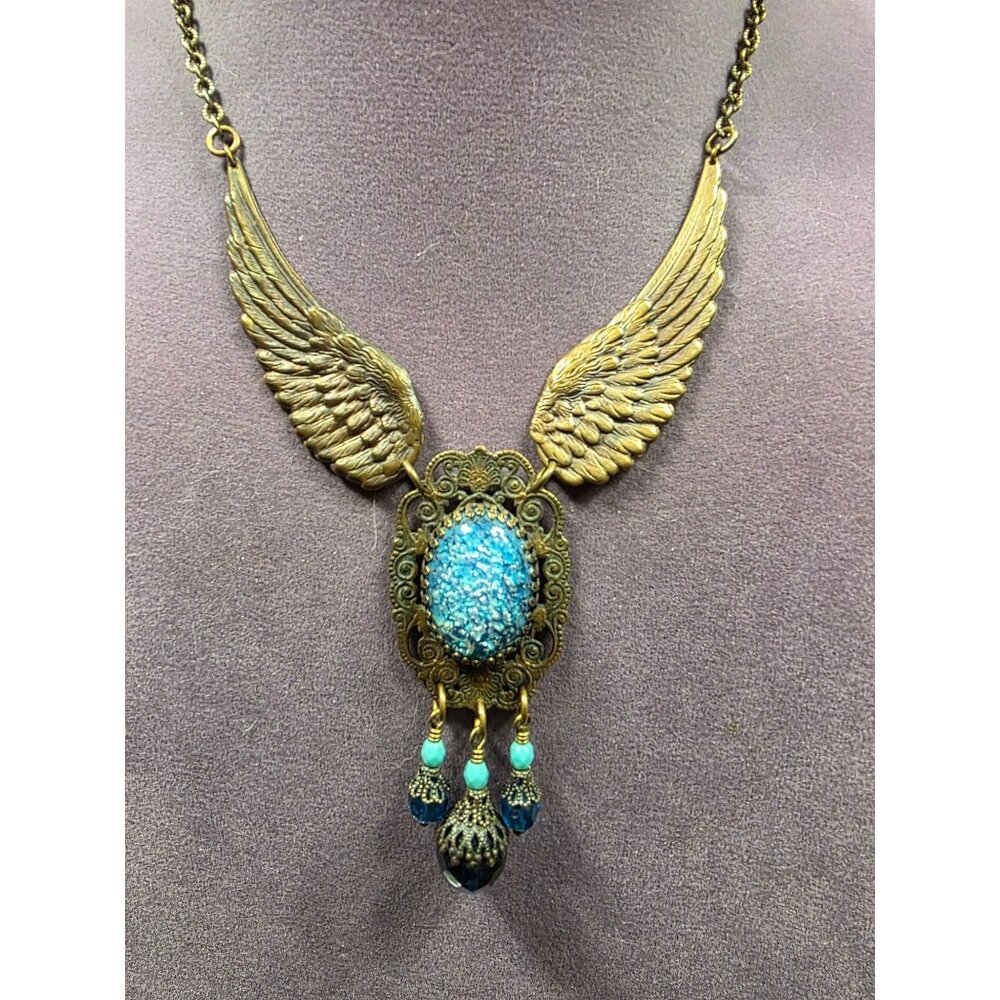 Vintage Gold Wing Necklace With Blue Stone & Dangling Beads